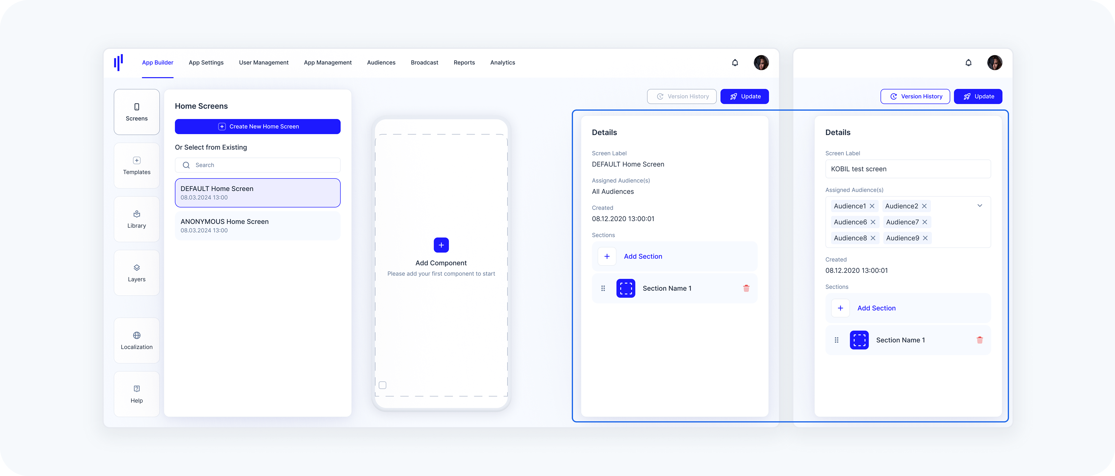app builder home screen detail panel